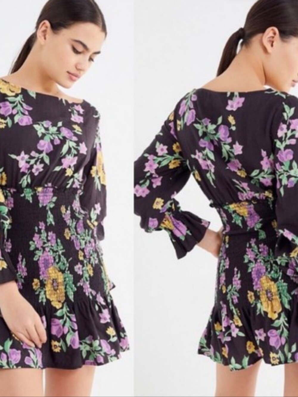 299.Black Floral Smocked‎ Waist Long-Sleeve Dress